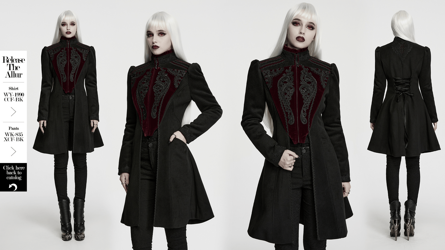 Elegant Gothic Wool Coat with Velvet Applique Detail showcased on model with puff shoulders and ornate appliqué design.