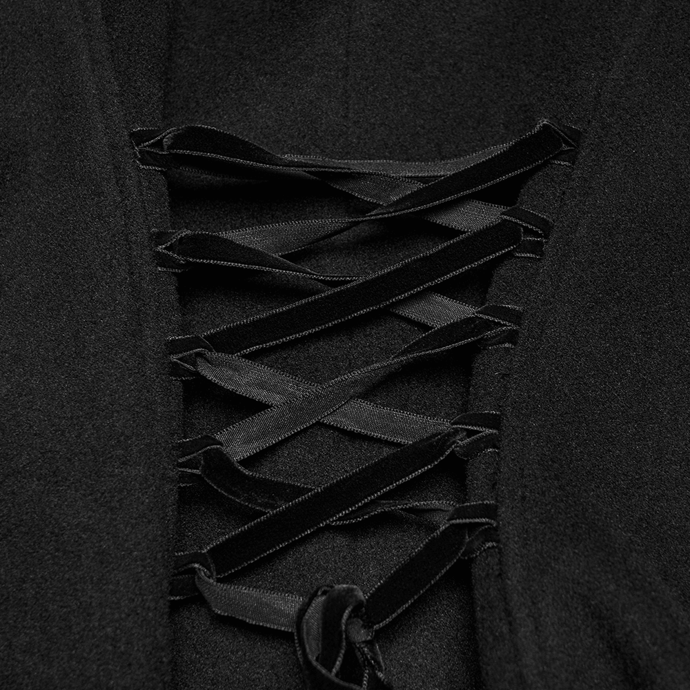 Elegant Gothic Wool Coat with Velvet Applique Detail lace-up design with black ribbons