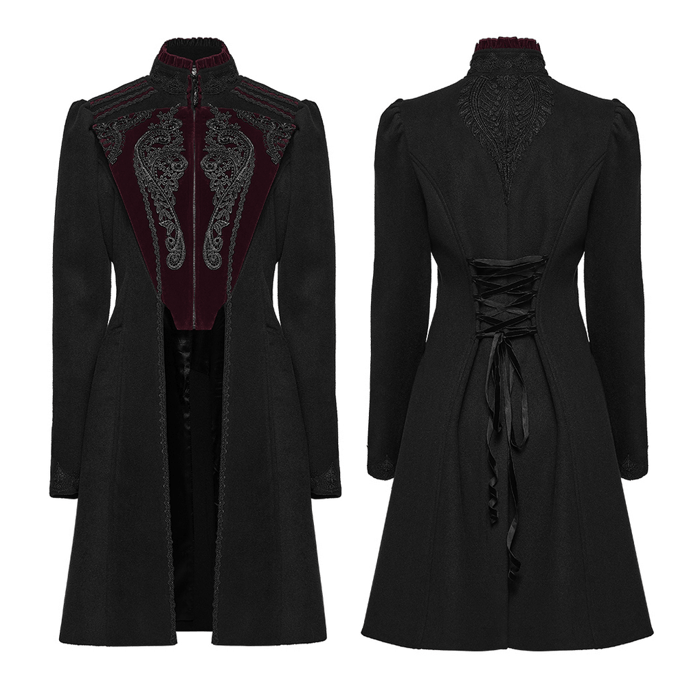 Elegant Gothic Wool Coat with Velvet Applique Detail featuring puff shoulders and ornate design in black-red.