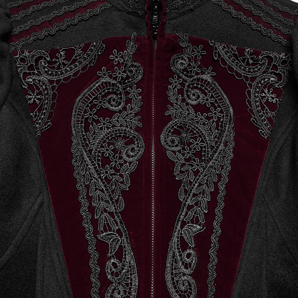 Elegant Gothic Wool Coat with Velvet Applique Detail featuring intricate burgundy velvet appliqué embellishments.