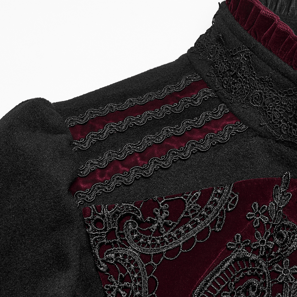 Elegant Gothic Wool Coat with Velvet Applique Detail featuring intricate velvet and lace accents.