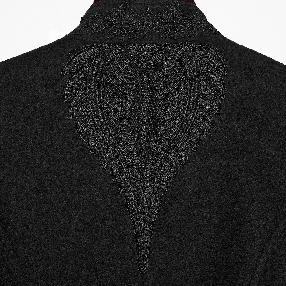 Elegant Gothic Wool Coat with Velvet Applique Detail back view showcasing intricate velvet appliqué design.