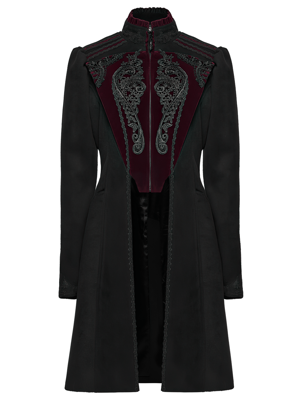 Elegant Gothic Wool Coat with Velvet Applique Detail featuring ornate appliqué and puff shoulders.
