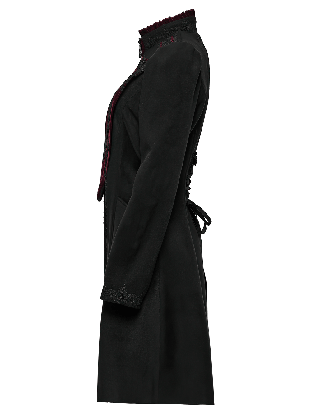 Elegant Gothic Wool Coat with Velvet Applique Detail in black with puff shoulders and ornate design.