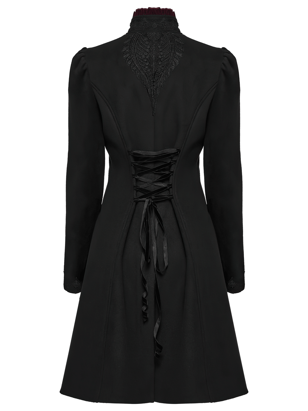 Elegant Gothic Wool Coat with Velvet Applique Detail - back view featuring intricate appliqué and lace-up design.