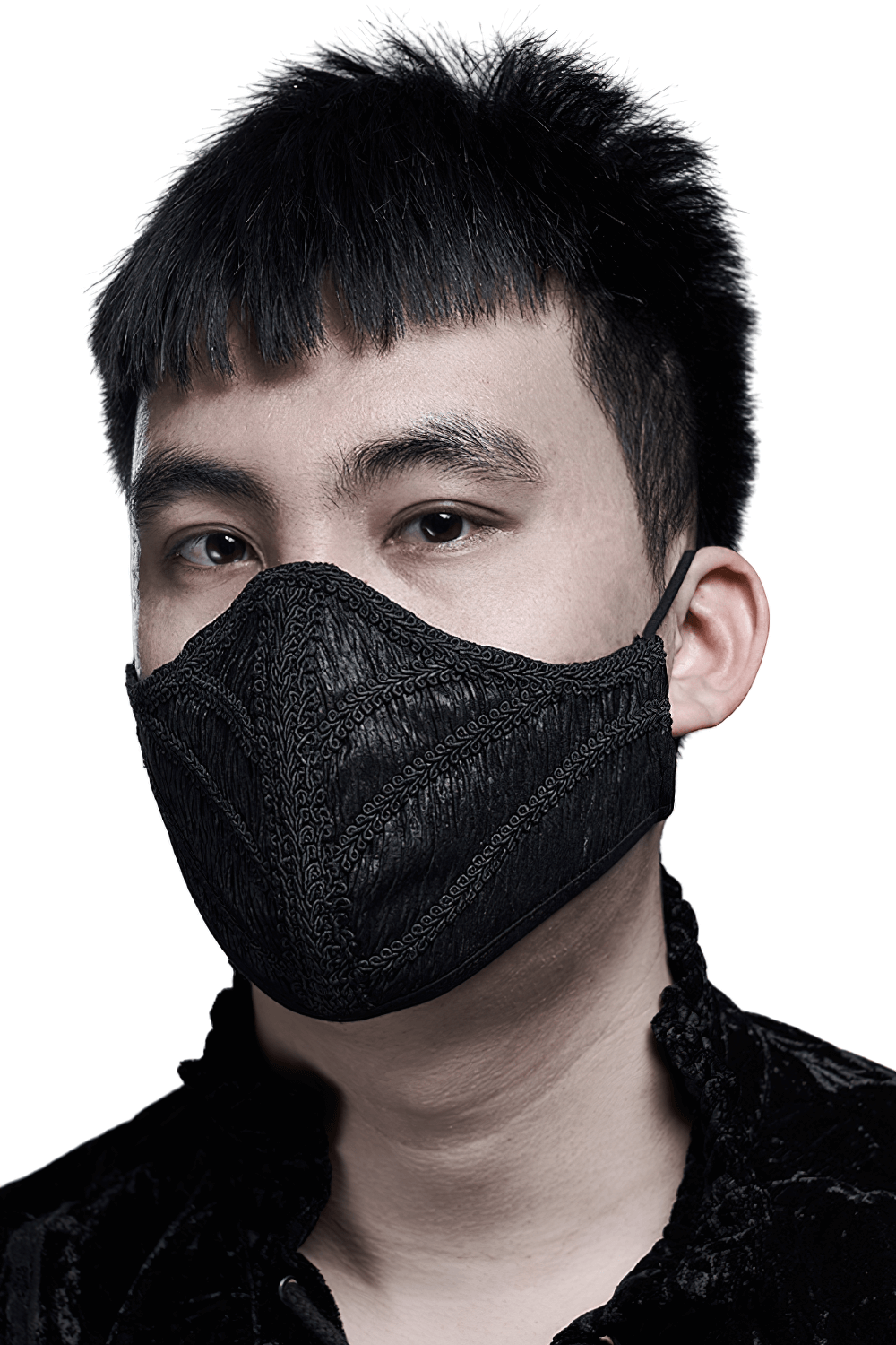 Elegant Gothic woven fabric mask with ornate webbing, modeled by a young man in stylish black attire.