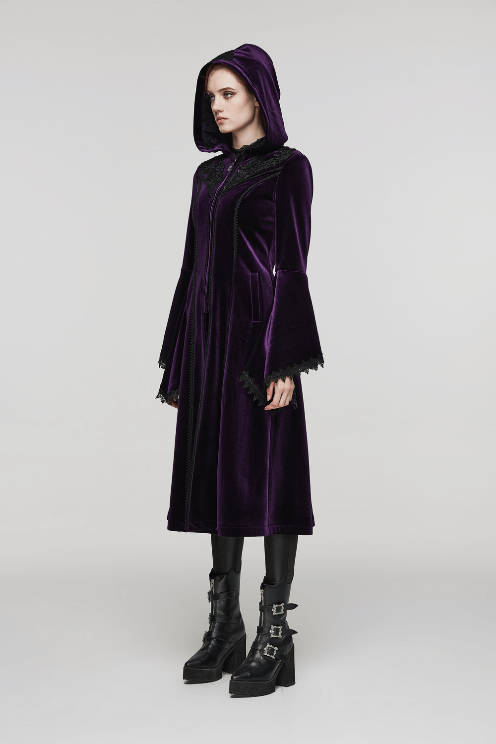 Elegant Gothic zippered velvet hooded coat featuring intricate lace details and a luxurious silhouette in rich purple.