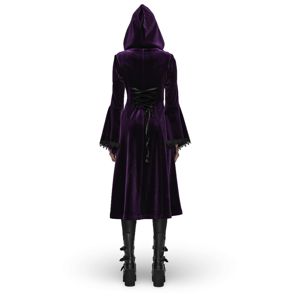 Elegant Gothic zippered velvet hooded coat featuring a mesh-lined hood and intricate lace details.