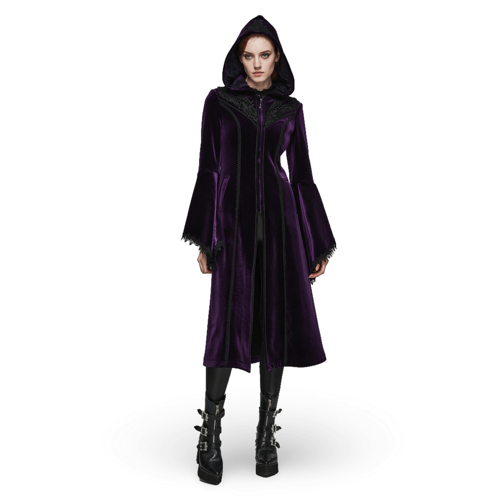 Elegant Gothic zippered velvet coat with hood, featuring intricate lace and flared sleeves in deep purple.