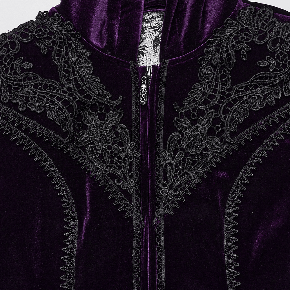 Close-up of elegant gothic zippered velvet hooded coat with intricate lace detailing and mesh-lined hood.