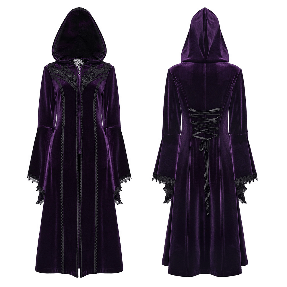 Elegant Gothic zippered velvet hooded coat featuring lace detailing and flared sleeves in rich purple hue.