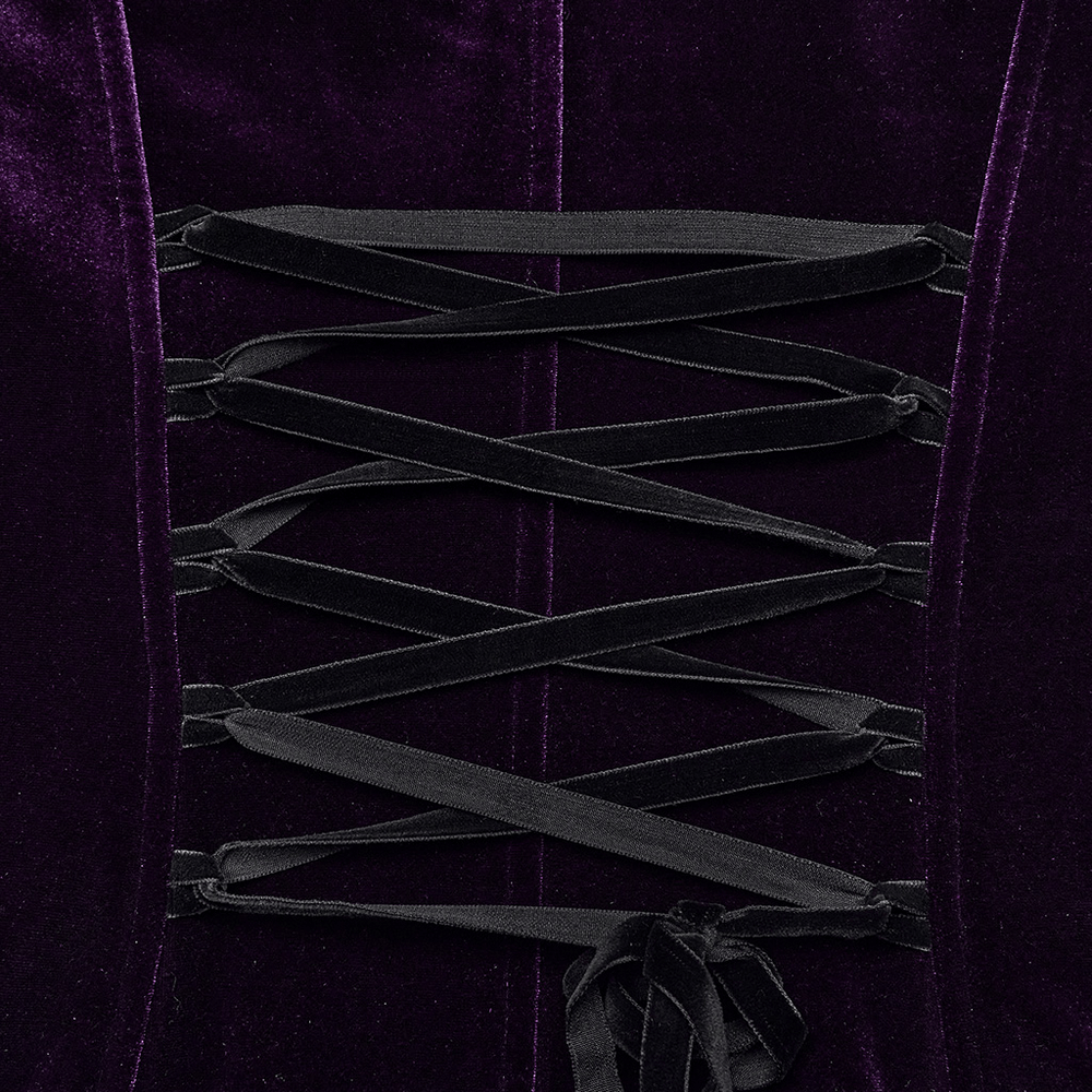 Close-up of elegant purple velvet lacing on a Gothic hooded coat, showcasing intricate detailing.