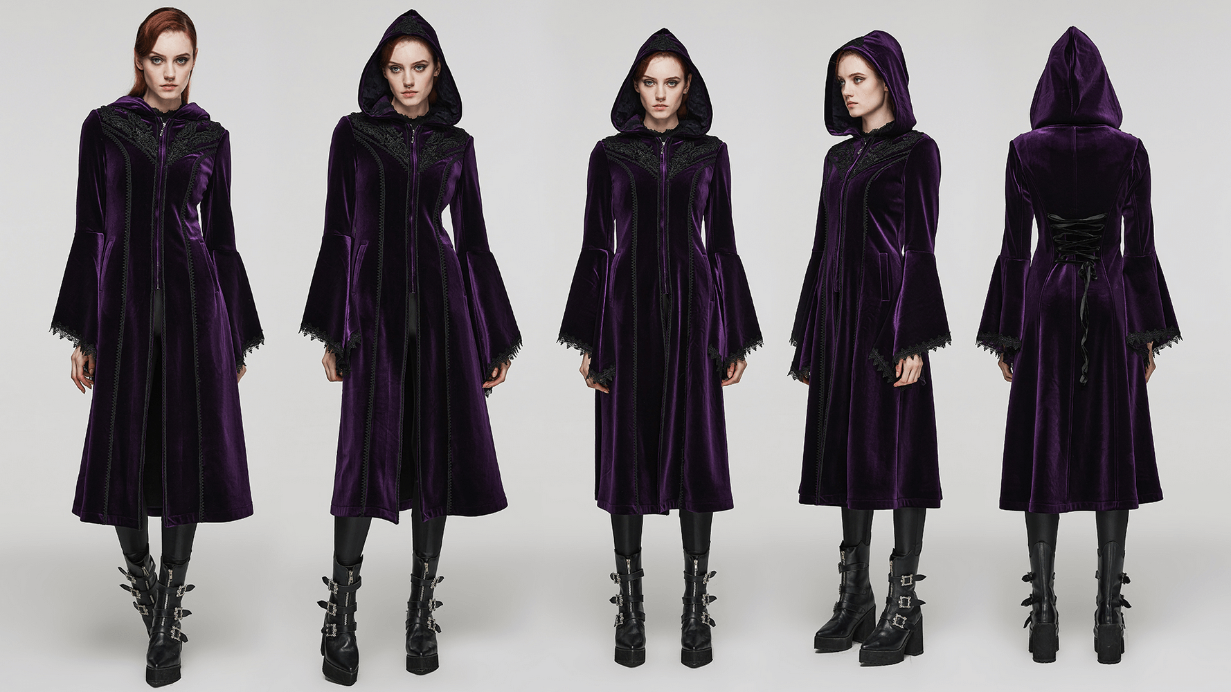Elegant Gothic Velvet Hooded Coat showcasing rich purple color, intricate lace details, and ornate mesh-lined hood.