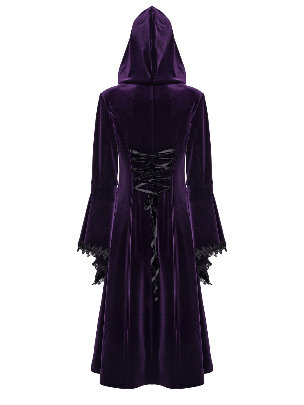 Back view of an elegant Gothic zippered velvet hooded coat with lace detailing and a stylish flared sleeve design.