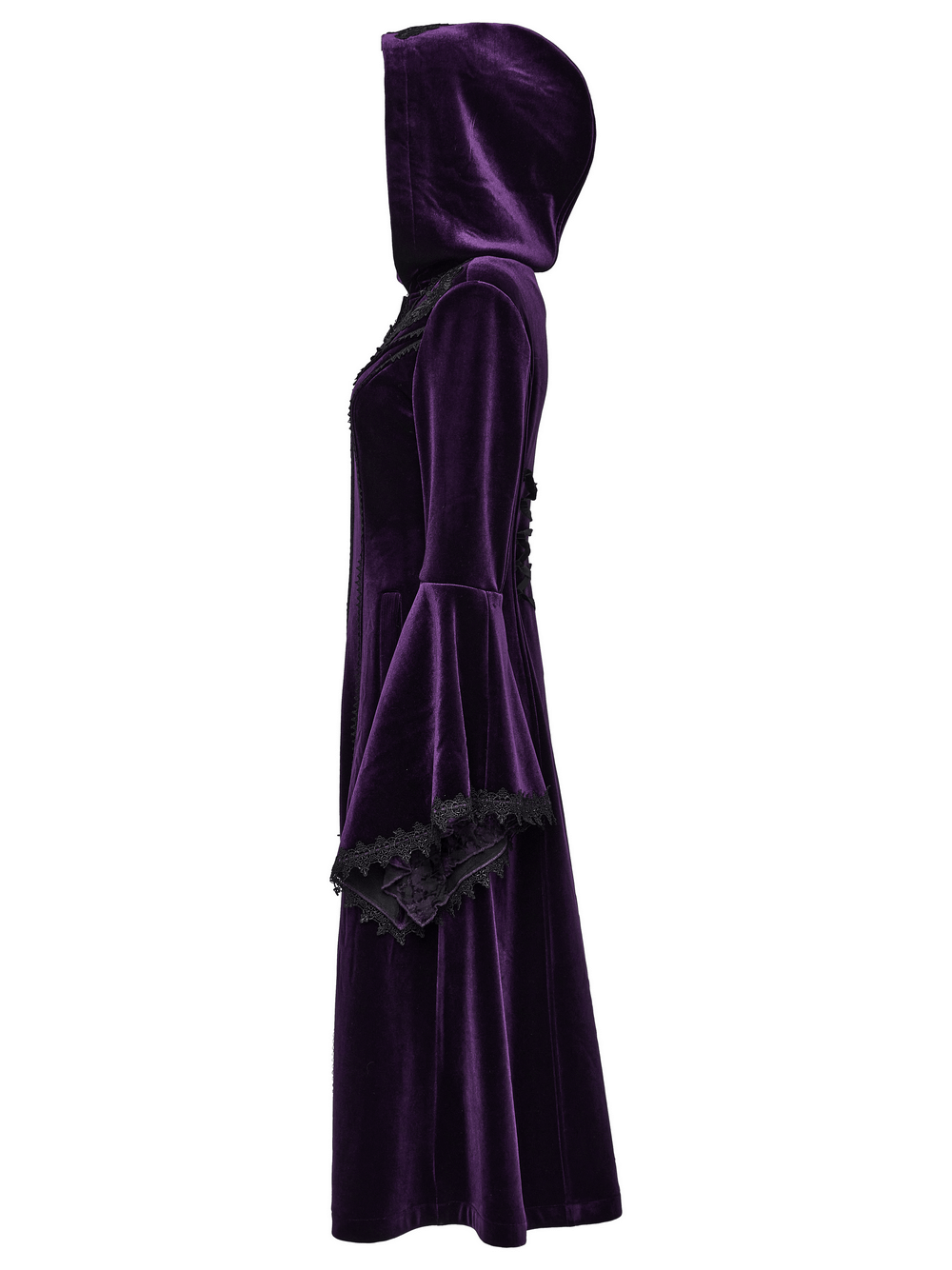 Side view of an elegant gothic zippered velvet hooded coat in rich purple with lace detailing on the cuffs.