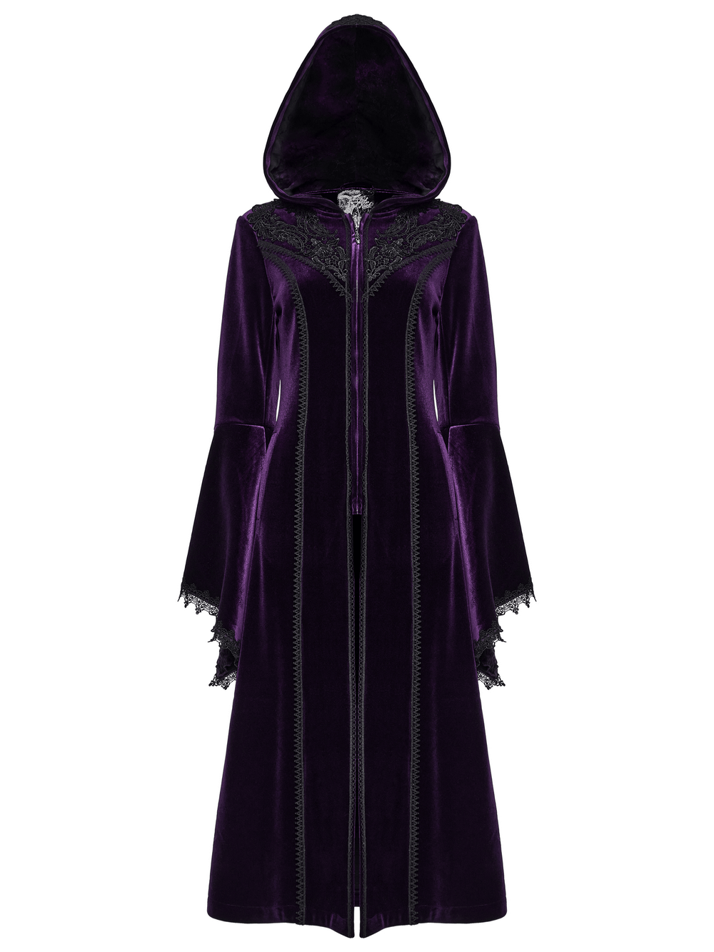 Elegant Gothic velvet hooded coat with lace detailing and bell sleeves in deep purple.
