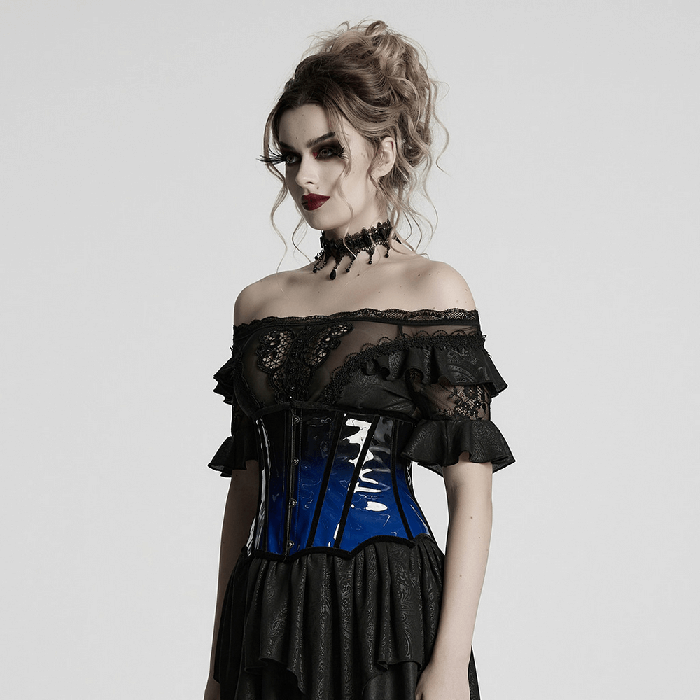 Elegant goth underbust corset in gradient patent leather, accentuating curves with a sexy design.