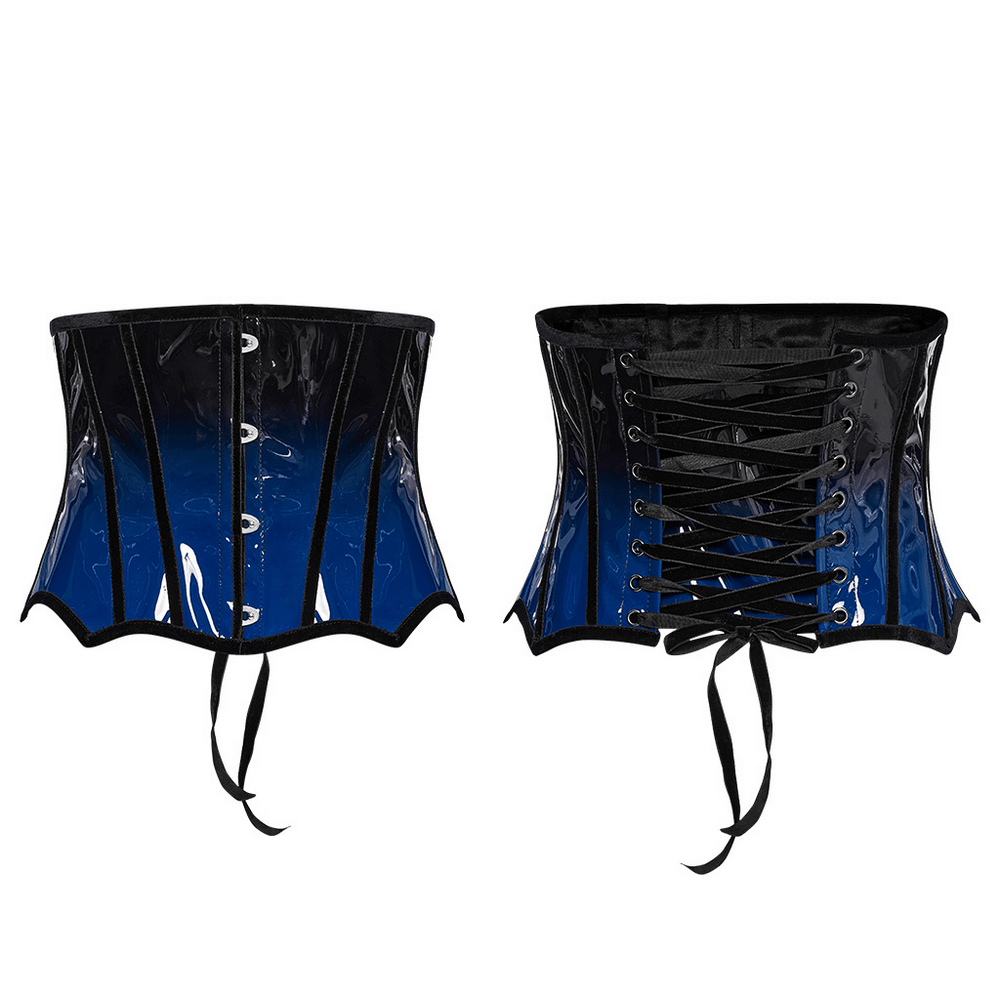 Elegant gradient patent leather goth underbust corset with sexy design and adjustable lace-up back.