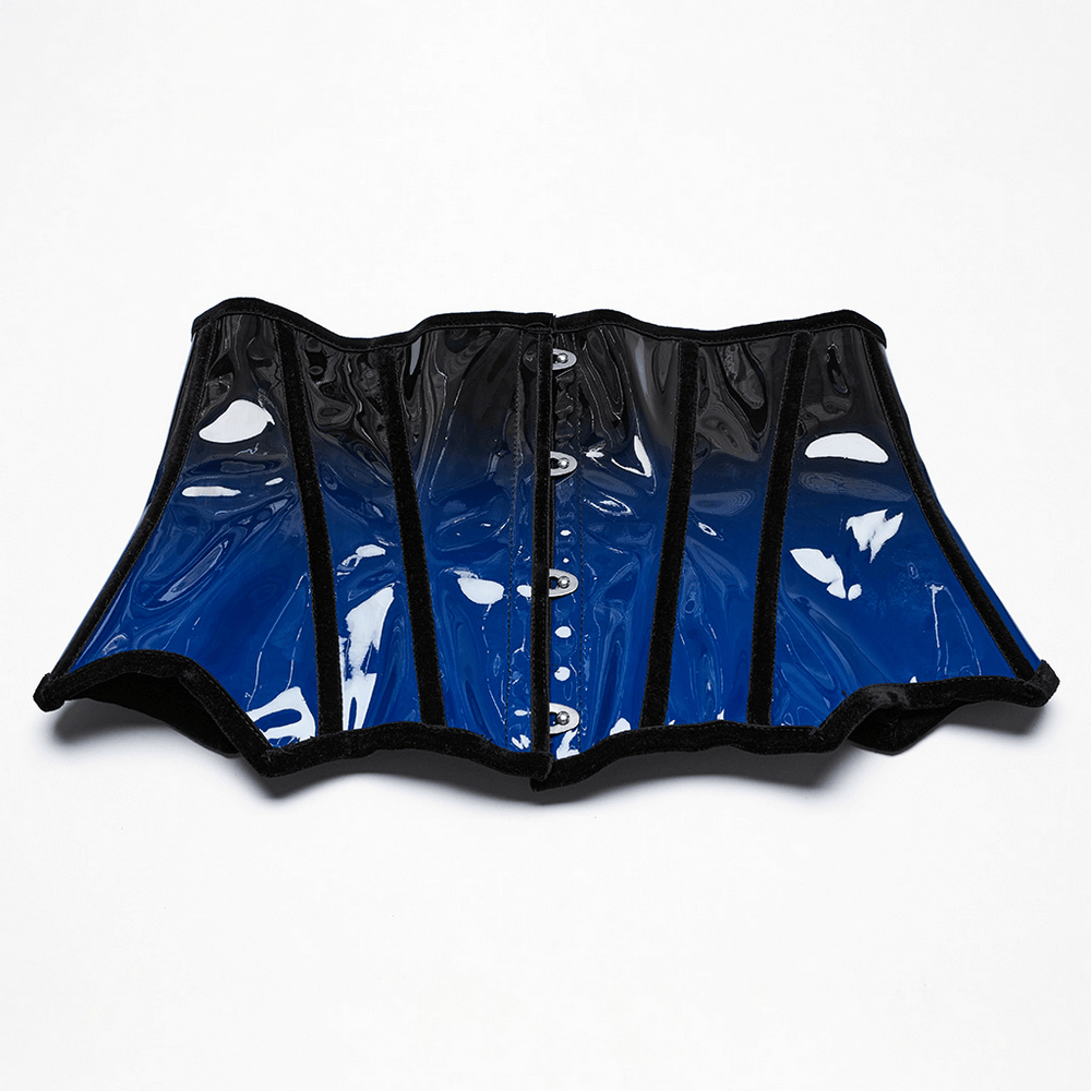 Elegant gradient patent leather goth underbust corset in black and blue, designed for a sexy silhouette.
