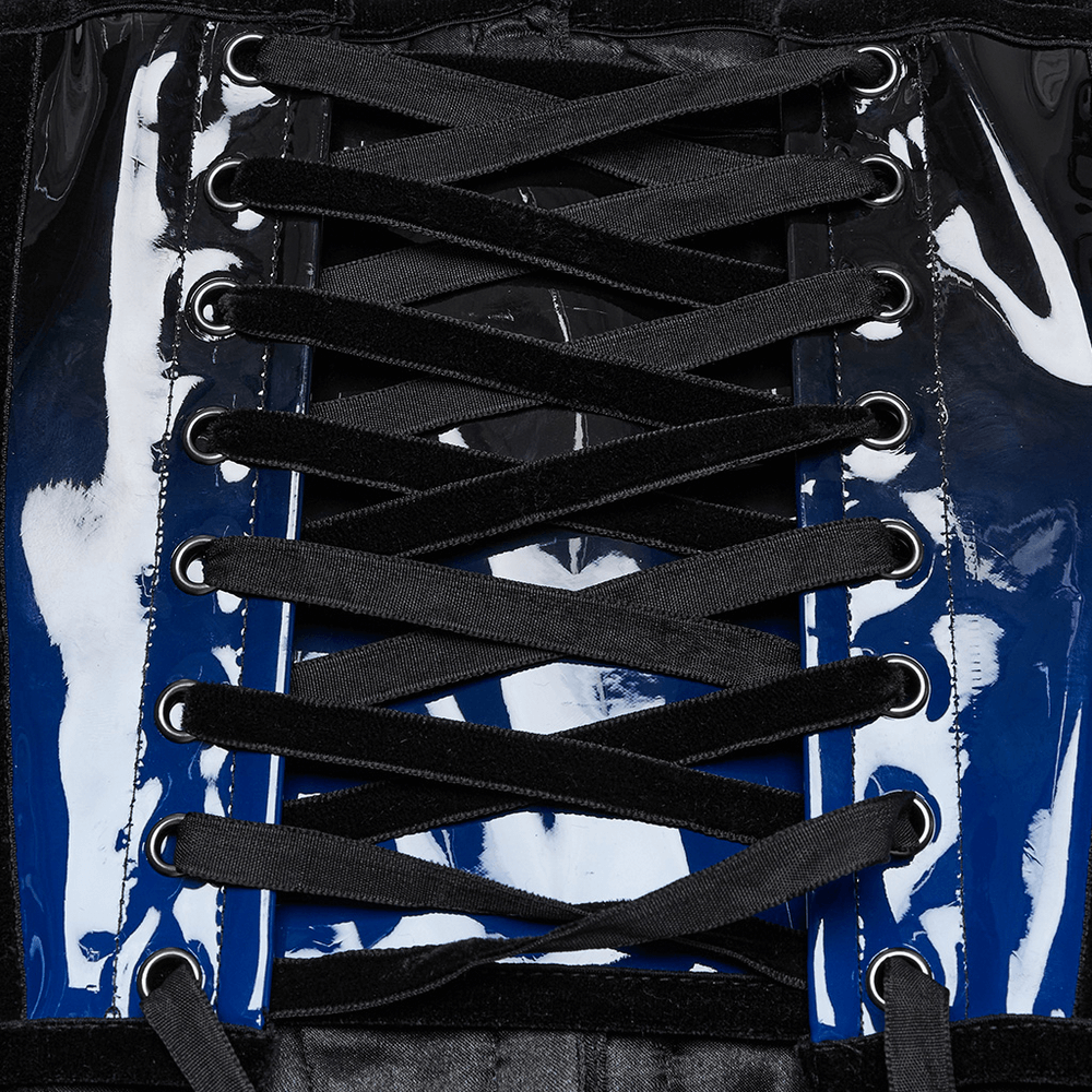 Close-up of lacing detail on elegant gradient patent leather goth underbust corset with black ribbons.