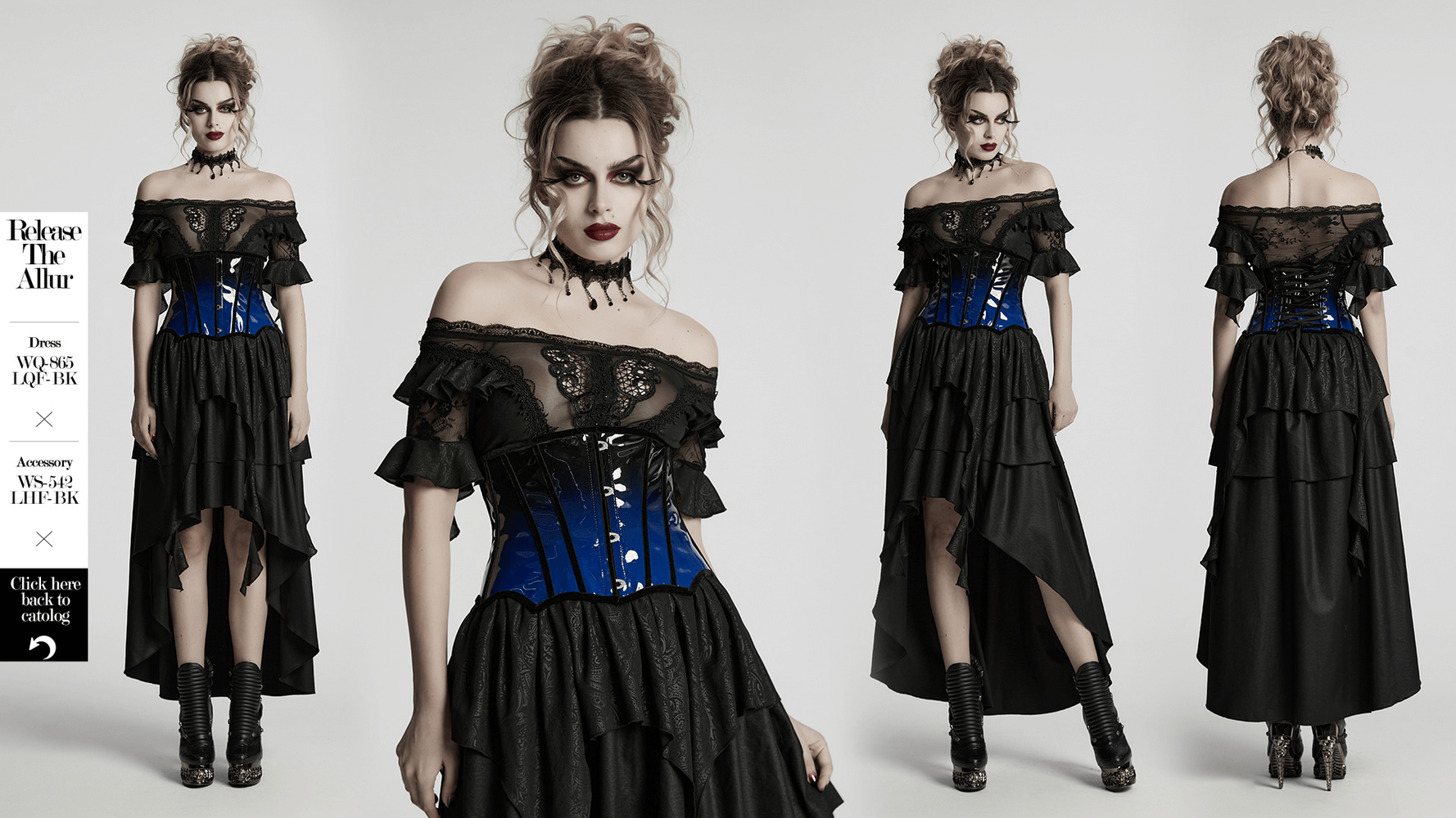 Elegant gradient patent leather goth underbust corset with sexy design and high-quality accents, flared dress styling.