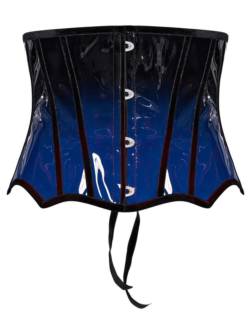 Elegant gradient patent leather goth underbust corset with adjustable ties and bold design for a sexy silhouette.