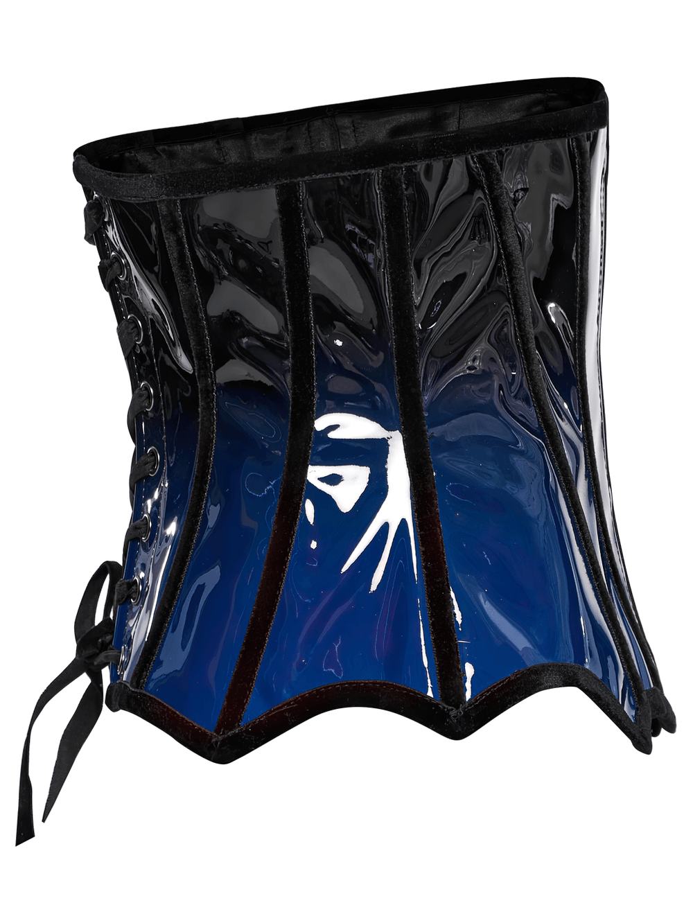 Elegant gradient patent leather goth corset showcasing a sexy design with drawstring ties and bold accents.