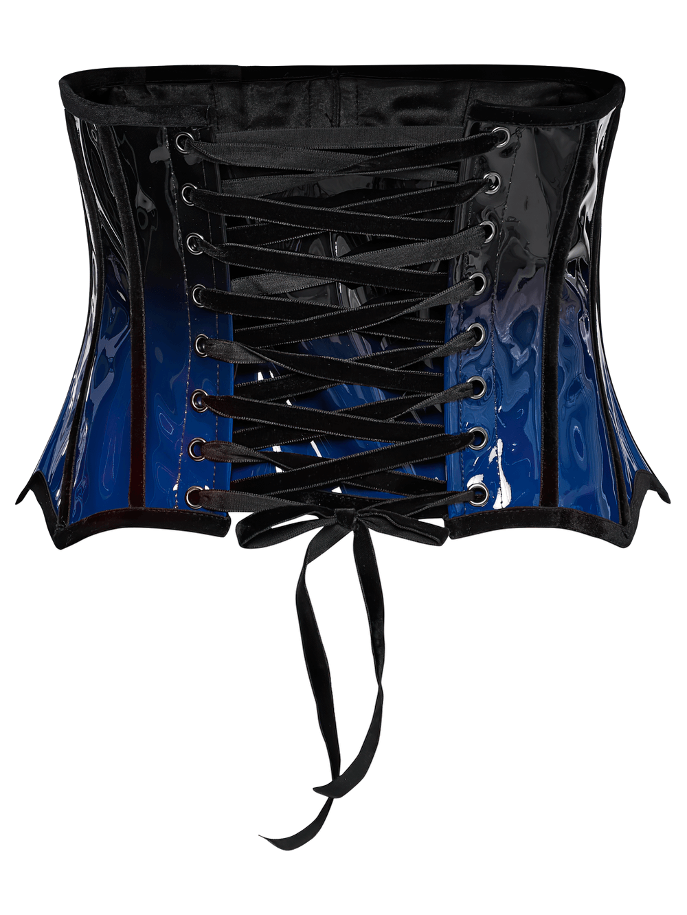 Elegant gradient patent leather goth underbust corset with lace-up design and adjustable ties.
