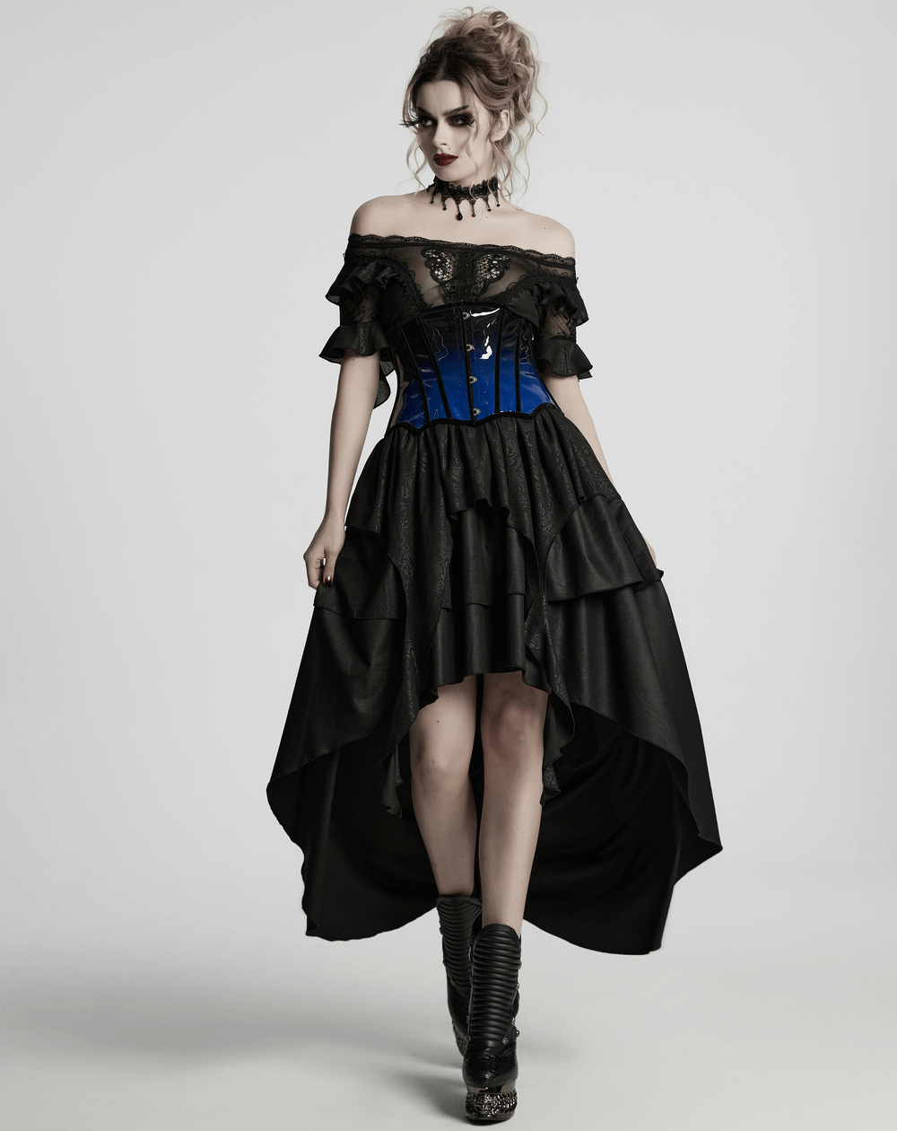Elegant goth underbust corset with off-shoulder dress, featuring gradient patent leather and dramatic ruffled hem.