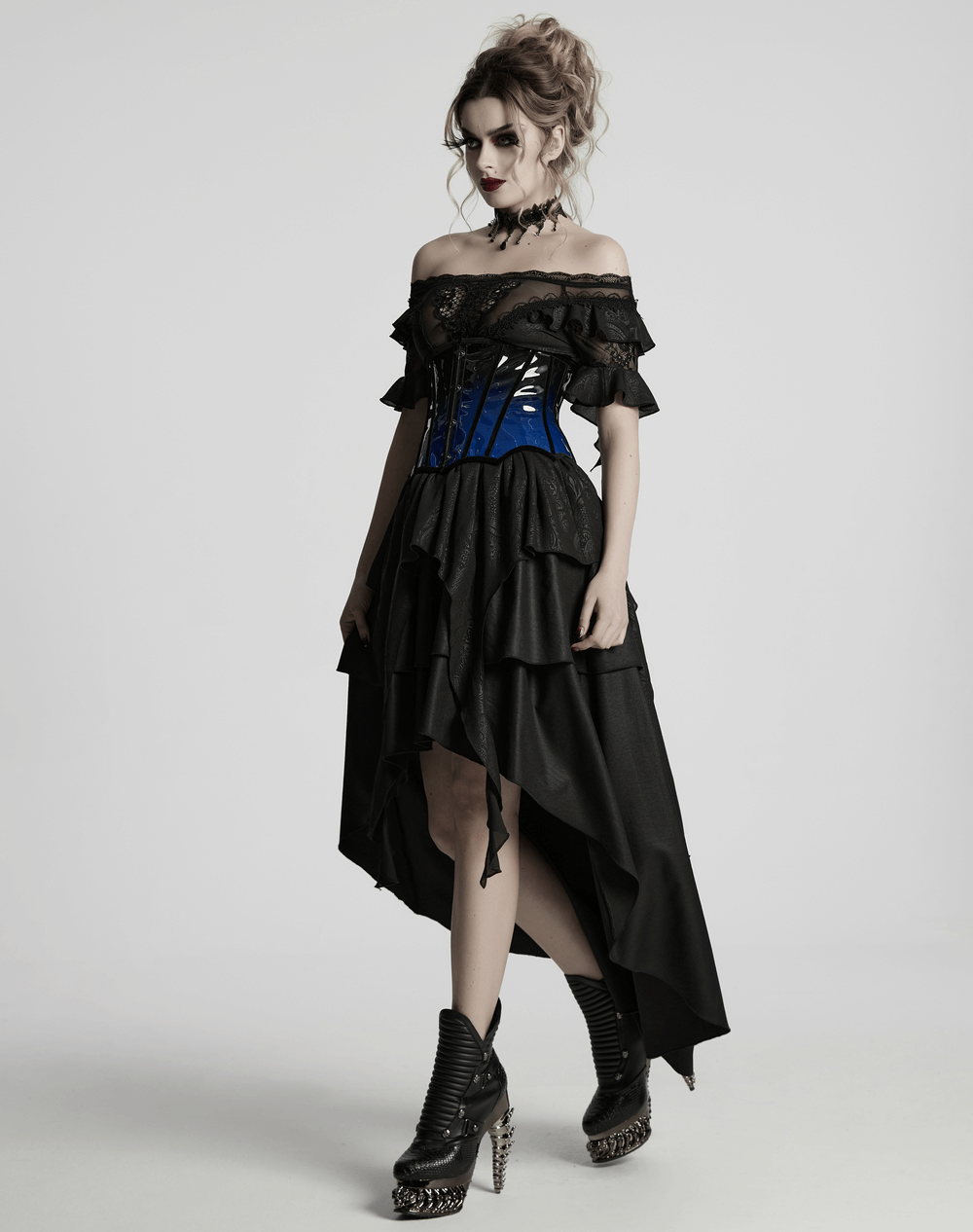 Elegant gradient patent leather goth underbust corset styled with layered black dress, showcasing a curvaceous silhouette.