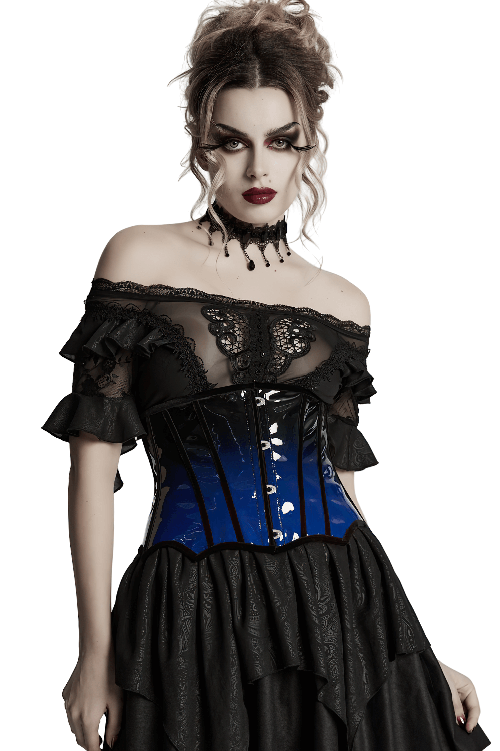 Elegant Gothic corset in gradient patent leather, featuring a sexy design and bold accents for a stunning silhouette.