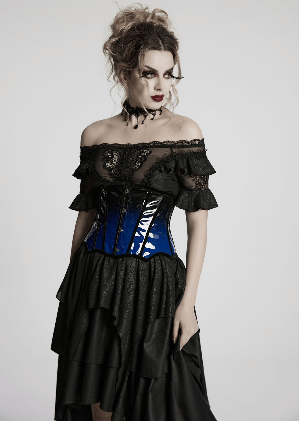 Elegant gradient patent leather goth underbust corset with off-shoulder black dress, showcasing bold blue accents.