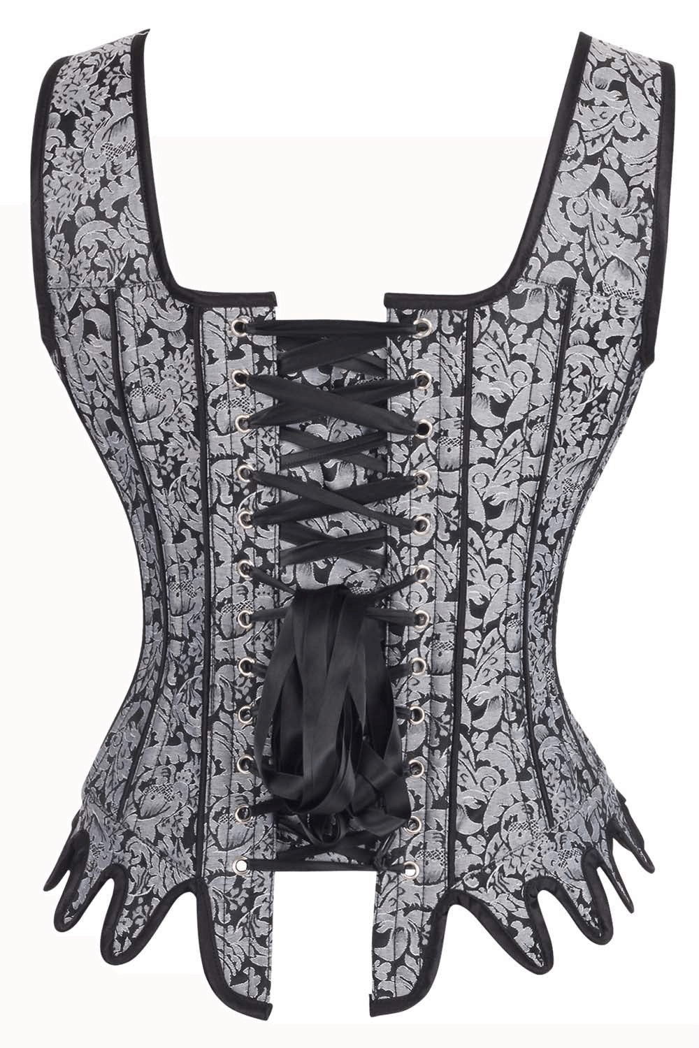 Elegant gray brocade overbust corset with steel boning and back lacing detail.