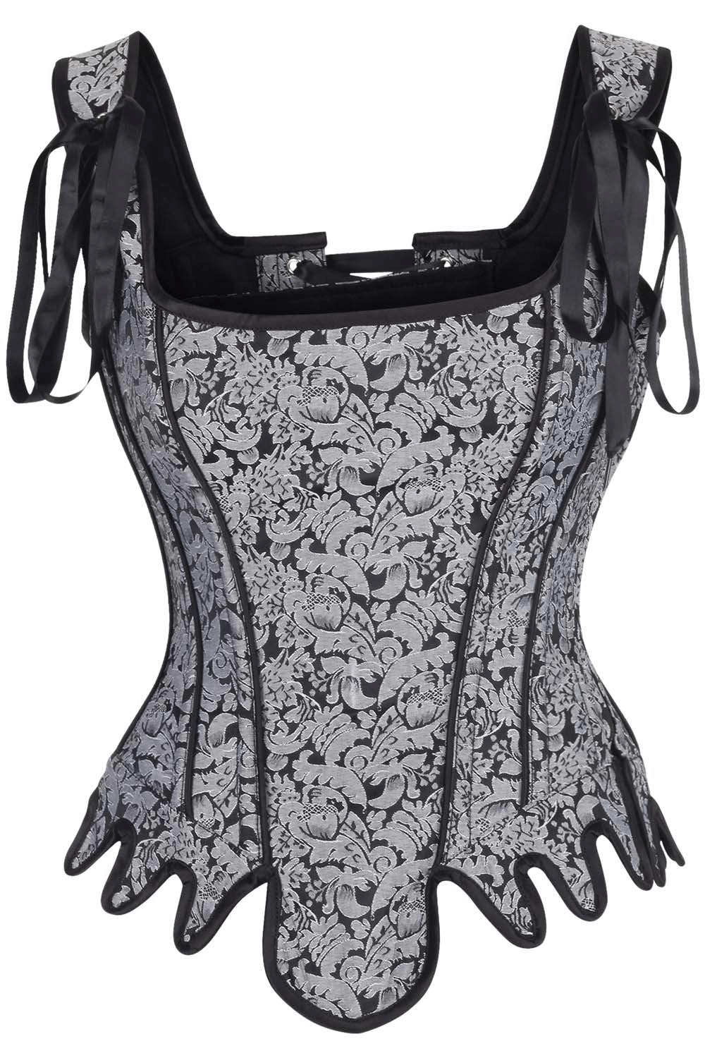 Elegant gray brocade overbust corset with steel boning, side zipper, and lace-up back for a perfect fit.