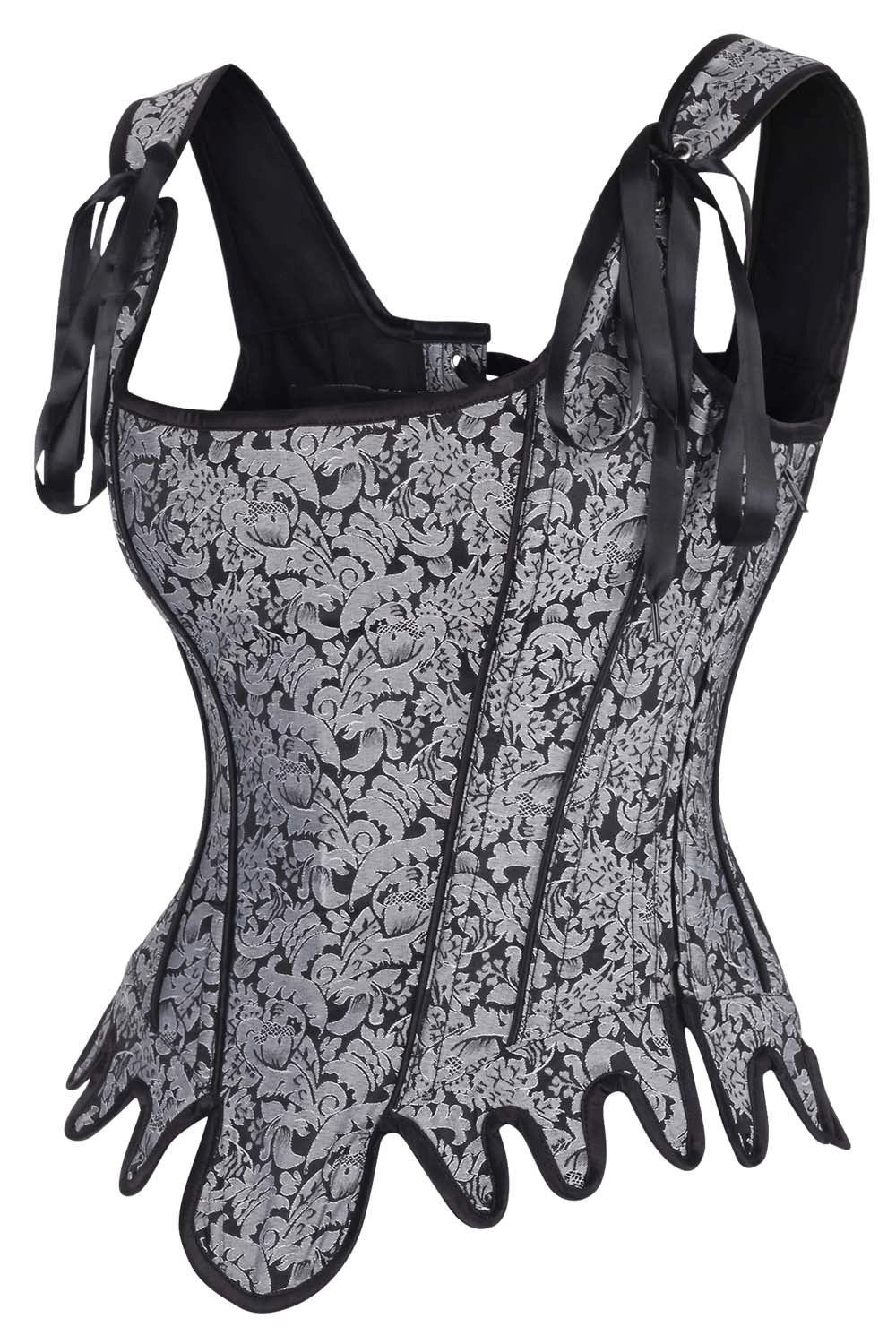 Elegant gray brocade overbust corset with steel boning, floral design, and ribbon ties for a chic silhouette.