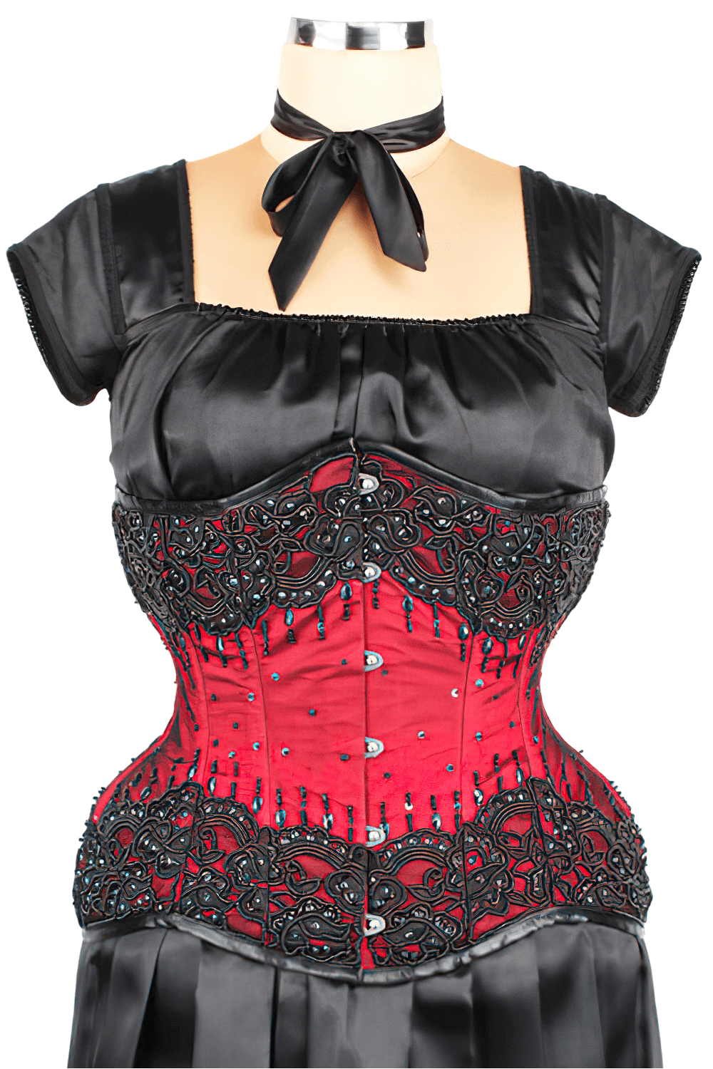 Elegant red and black handcrafted corset with intricate lace and beadwork for a gothic Victorian look.