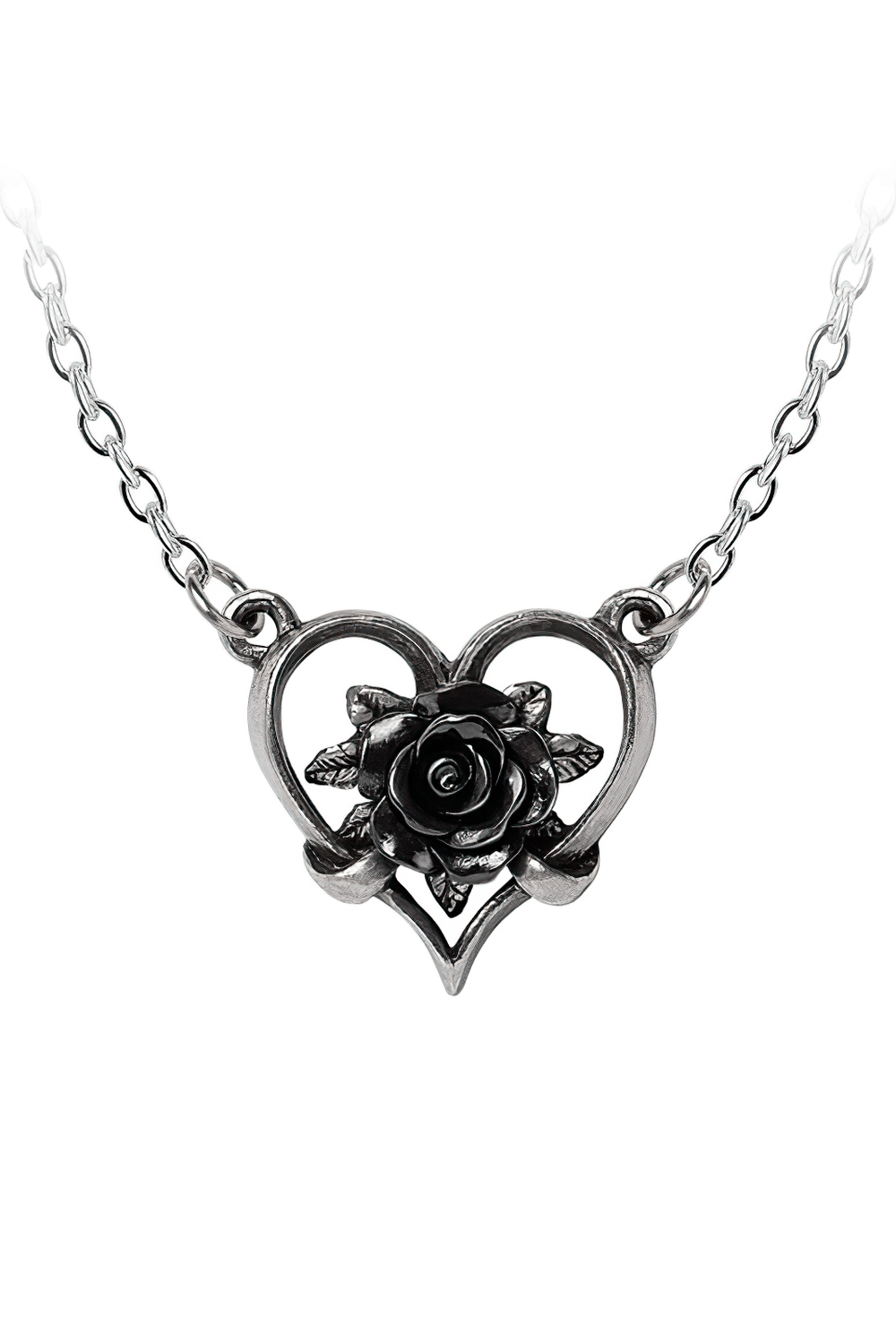 Elegant Heart of Blackness pendant featuring a black rose detail, perfect for gothic and romantic styles.