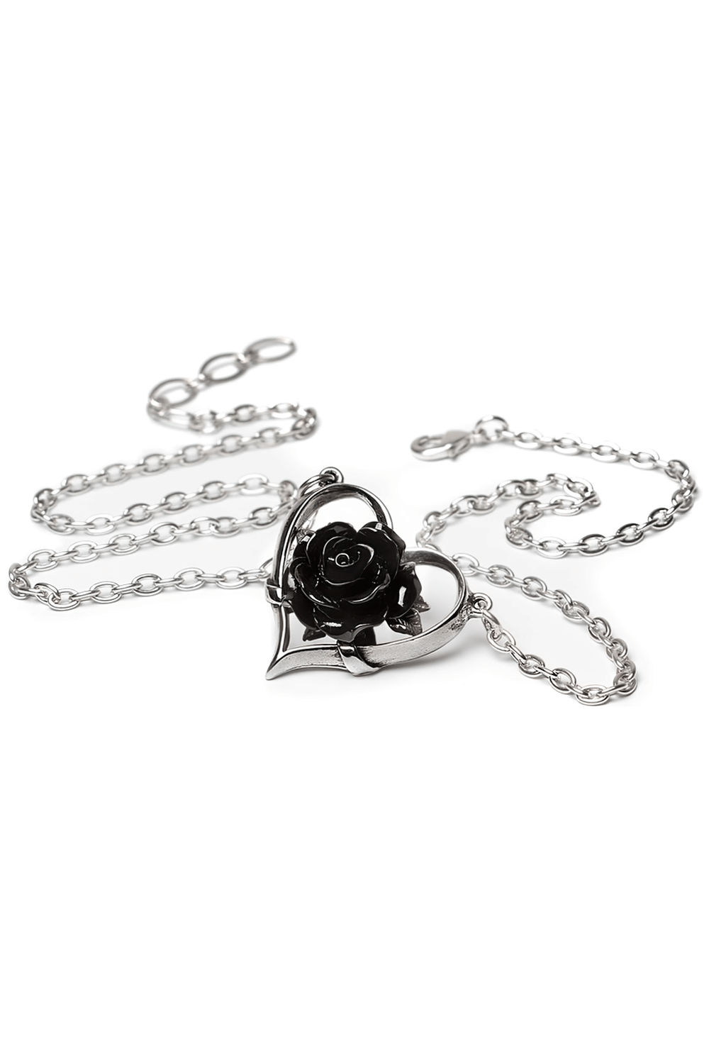 Elegant heart-shaped pendant with black rose detail on a silver chain, perfect for gothic and romantic styles.