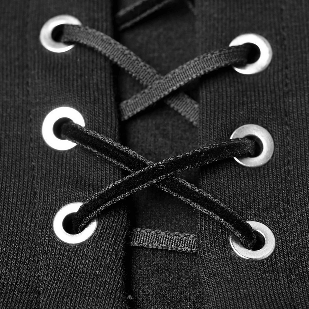 Elegant High-Collar Black Top With Tie-Up Rope Eyelet