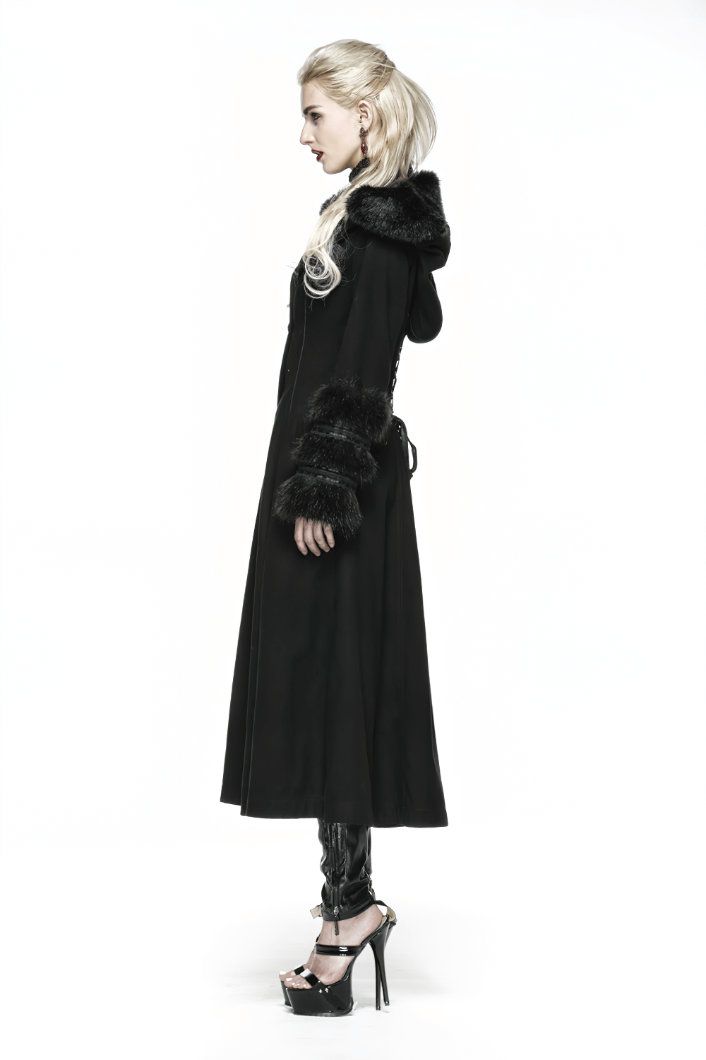 Elegant black gothic hooded coat with faux fur cuffs and corset back, perfect for a dramatic fashion statement.