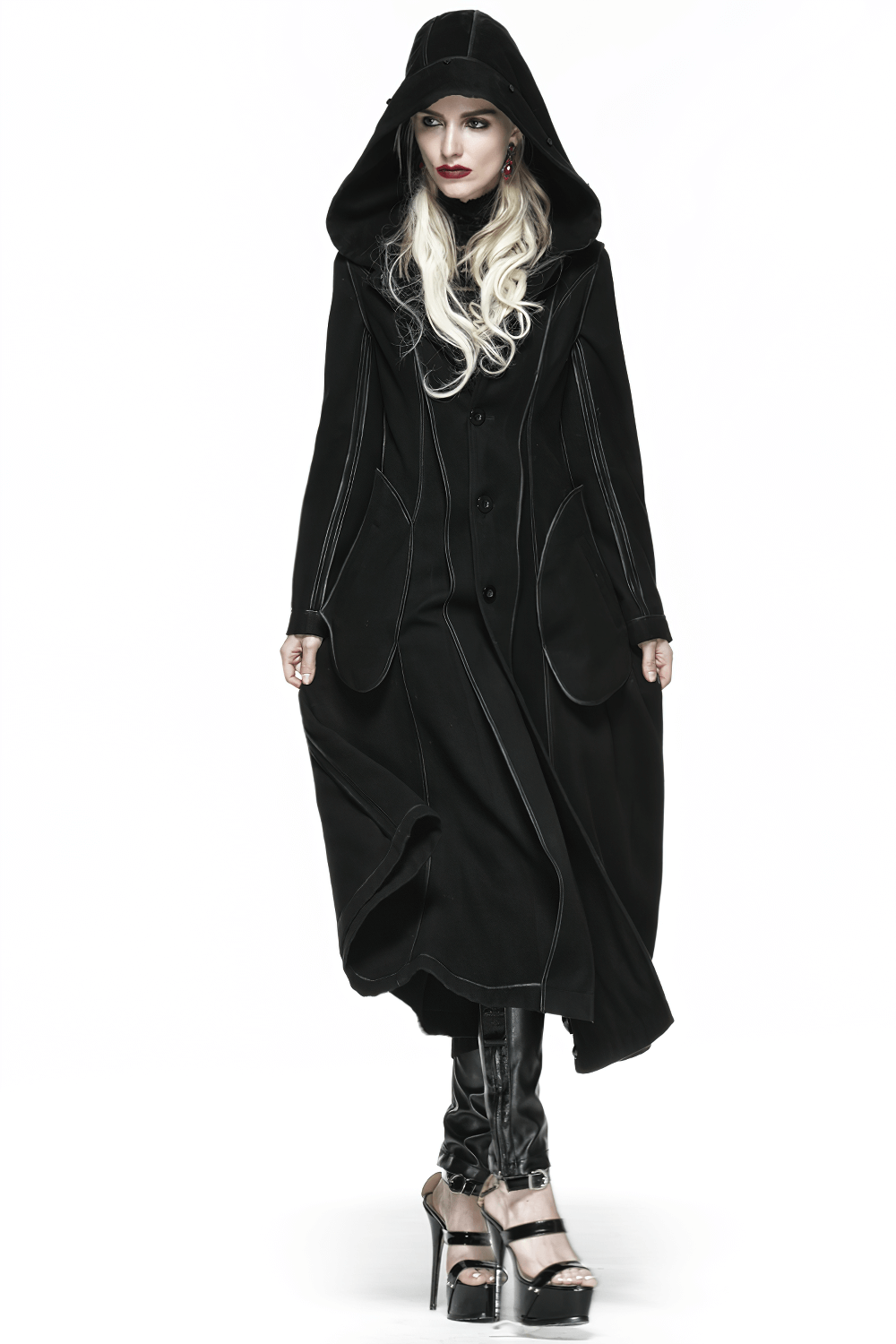 Elegant black hooded coat with lace-up back and fur cuffs, perfect for gothic style and cooler weather.