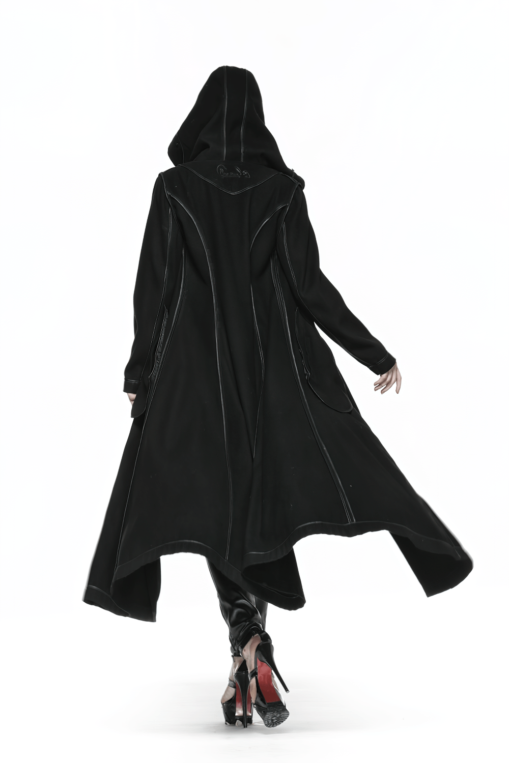 Elegant black hooded coat with lace-up back and faux fur cuffs, perfect for gothic style.