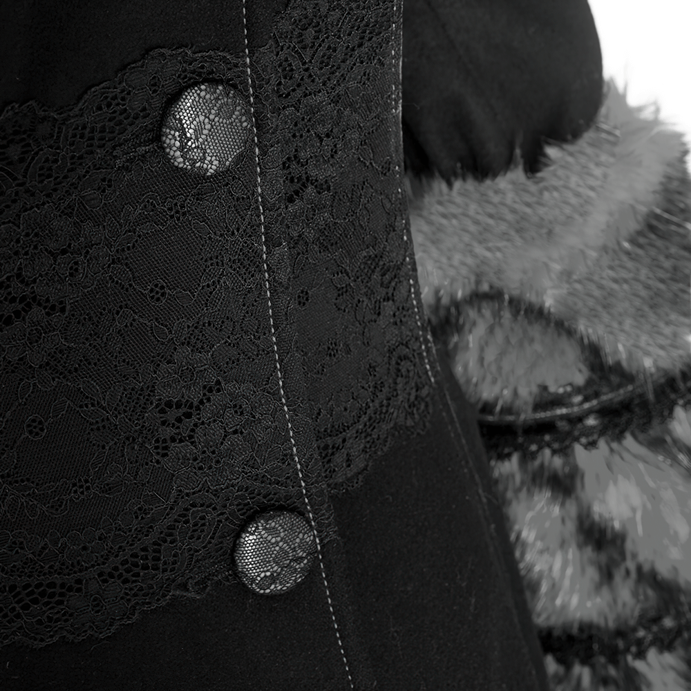 Close-up of black gothic coat showing lace detailing and faux fur trim, highlighting its elegant design.