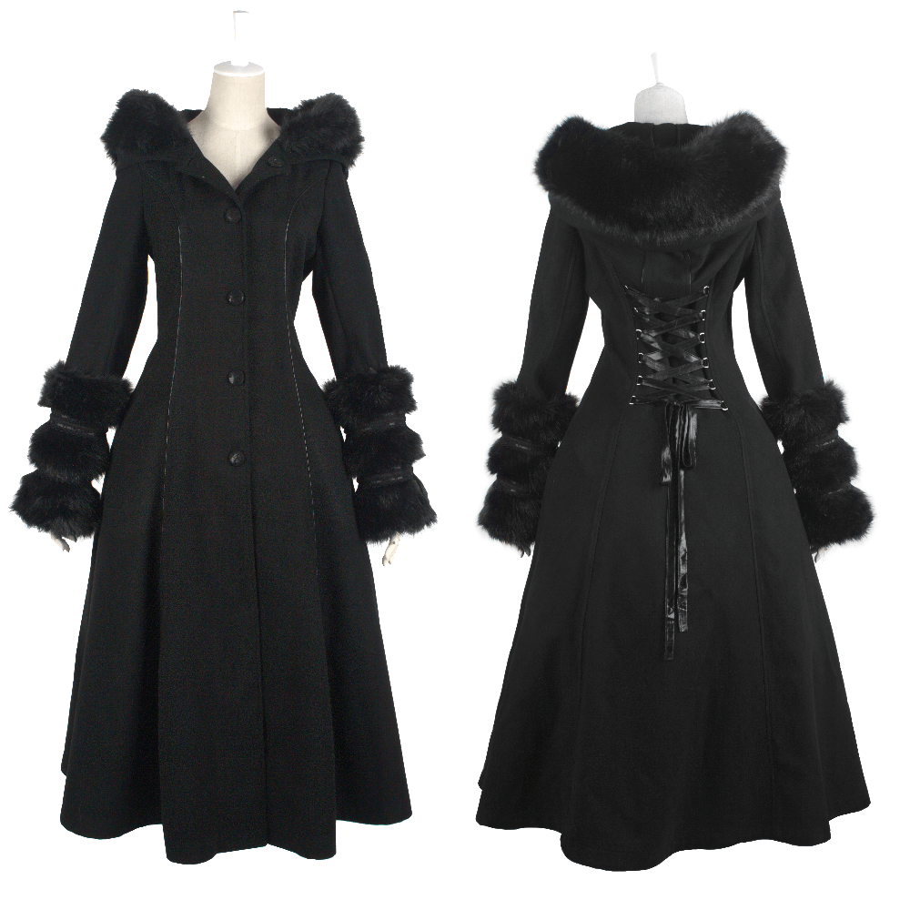 Elegant black gothic coat with faux fur hood and cuffs, featuring a lace-up corset back for a striking silhouette.
