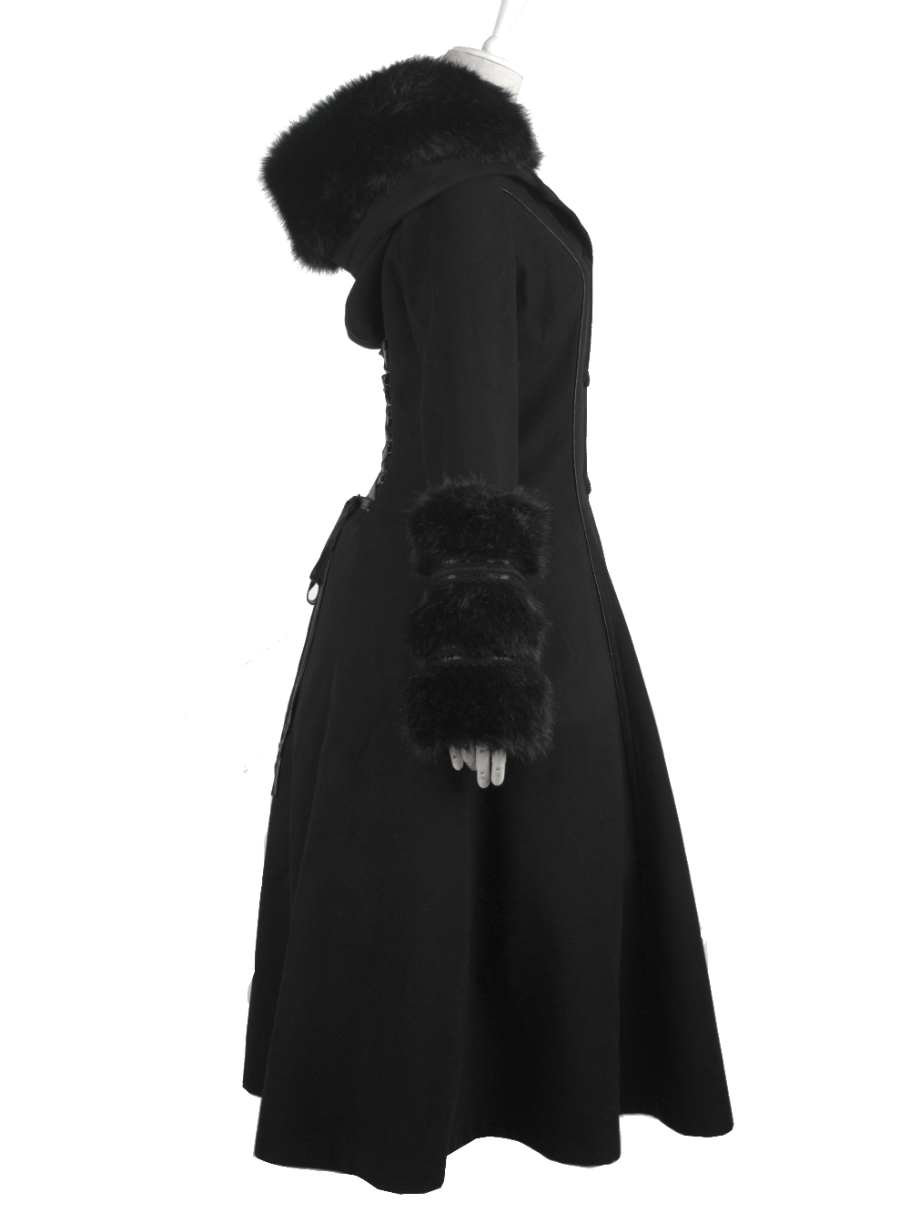 Elegant black hooded coat with faux fur cuffs and lace-up back design, perfect for gothic style and cooler days.