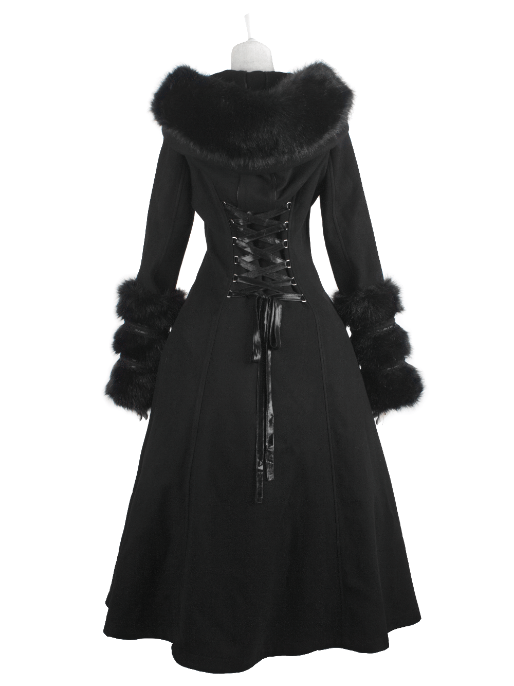 Elegant black hooded coat with lace-up back and faux fur cuffs, perfect for gothic fashion and cooler days.