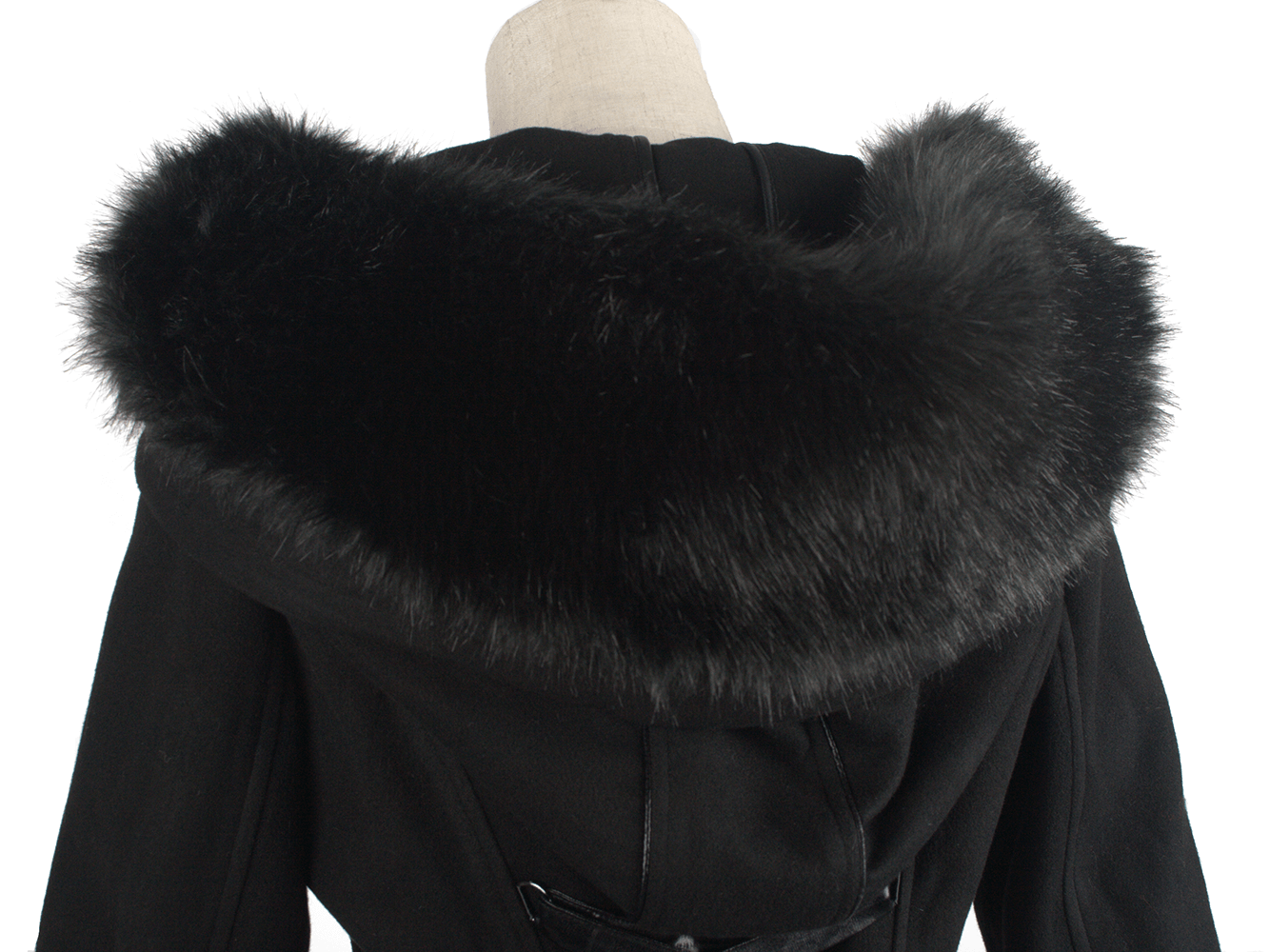 Black hooded coat with luxurious faux fur trim, perfect for gothic elegance and cool weather chic.