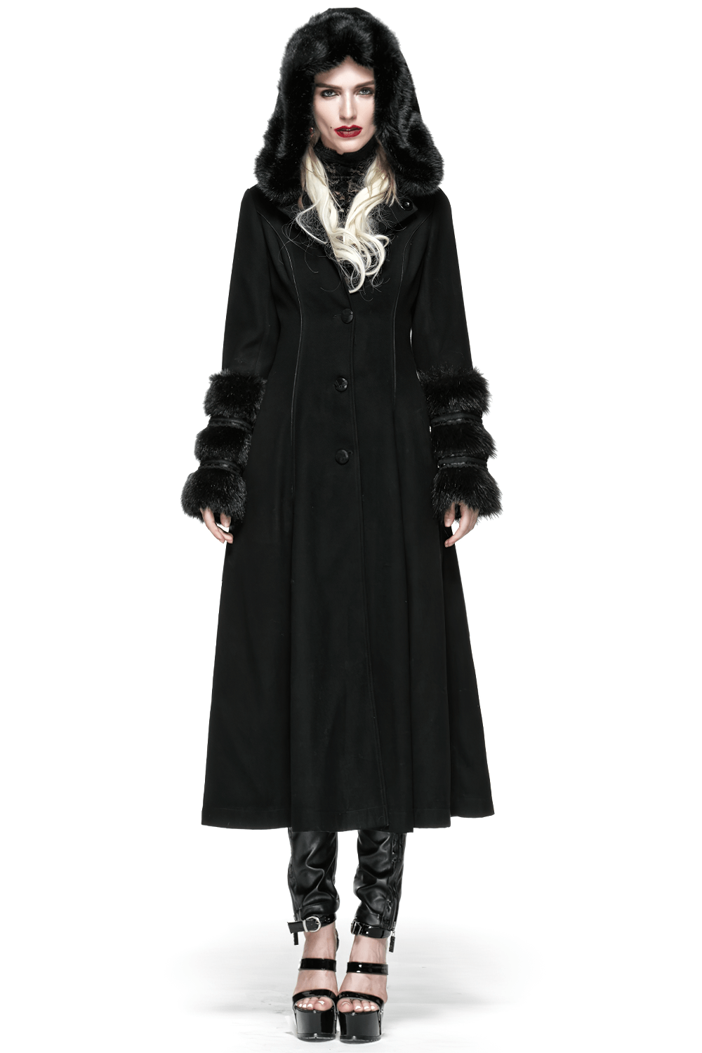 Elegant black hooded coat with faux fur cuffs and lace-up back, perfect for gothic fashion and cooler days.
