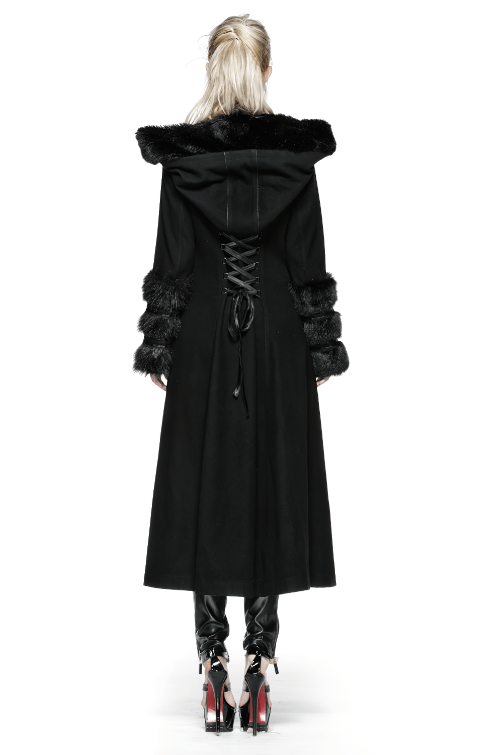 Elegant black hooded coat with faux fur cuffs and lace-up back, perfect for gothic winter style.