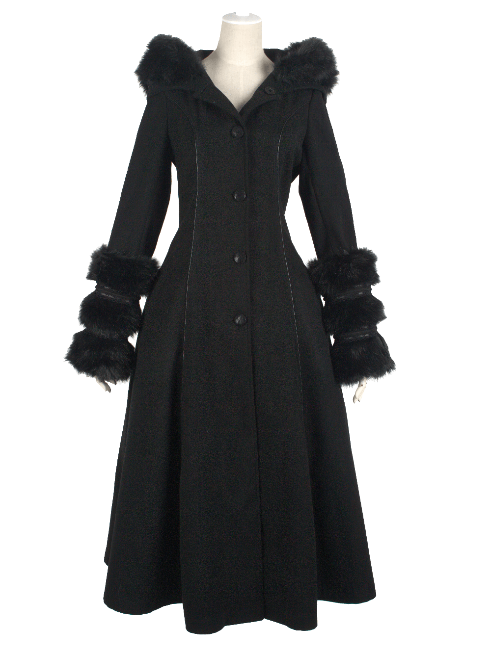 Elegant black hooded coat with faux fur cuffs and corset back, perfect for gothic-inspired fashion.